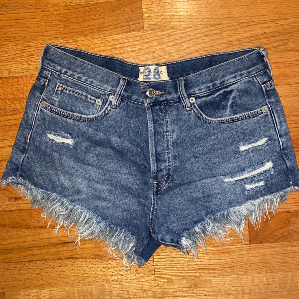 Free People Dark Blue Frayed Jean Shorts